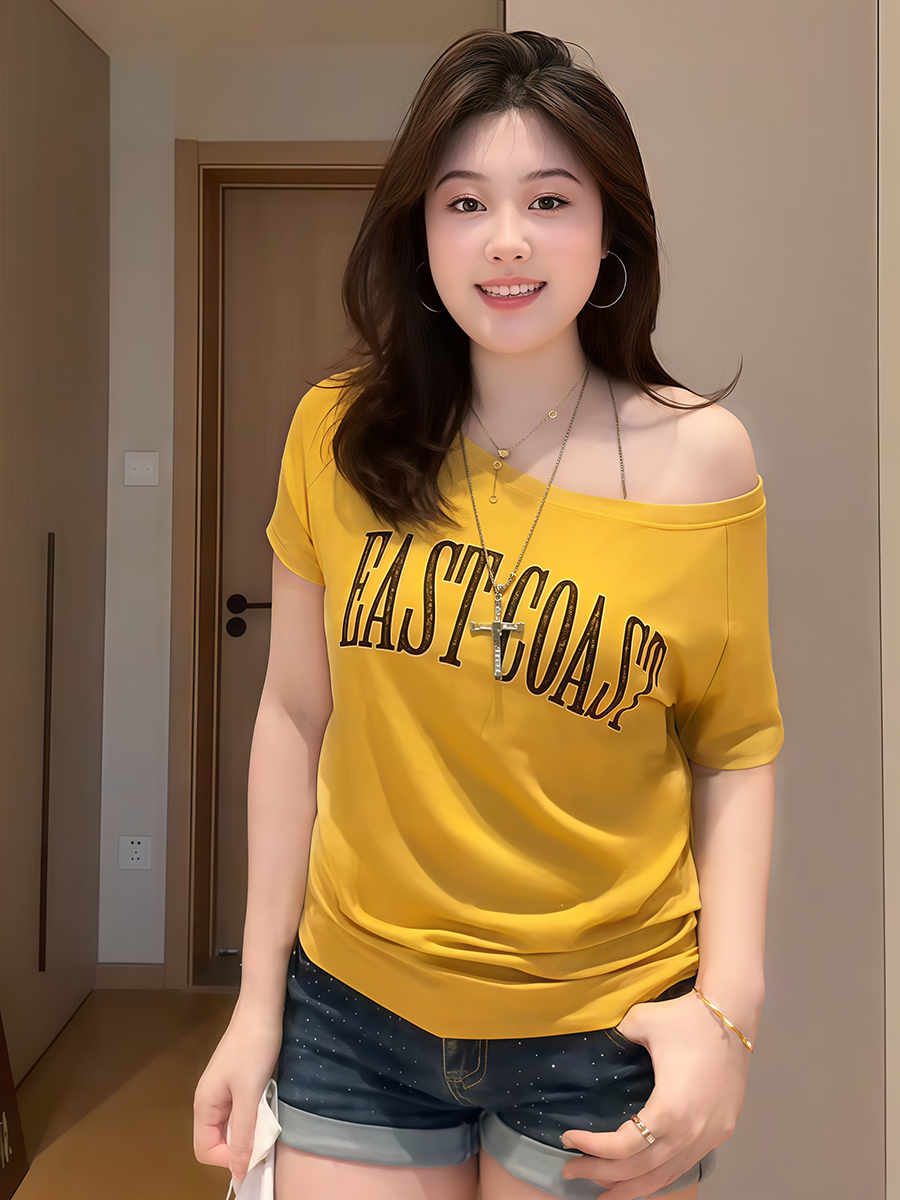 Plus-Size Women's Retro Letter Print Short-Sleeve T-Shirt - 2025 Summer Slanted Shoulder Top for Curvy Fashionistas Plus-Size Women's Retro Letter Print Short-Sleeve T-Shirt - 2025 Summer Slanted Shoulder Top for Curvy Fashionistas