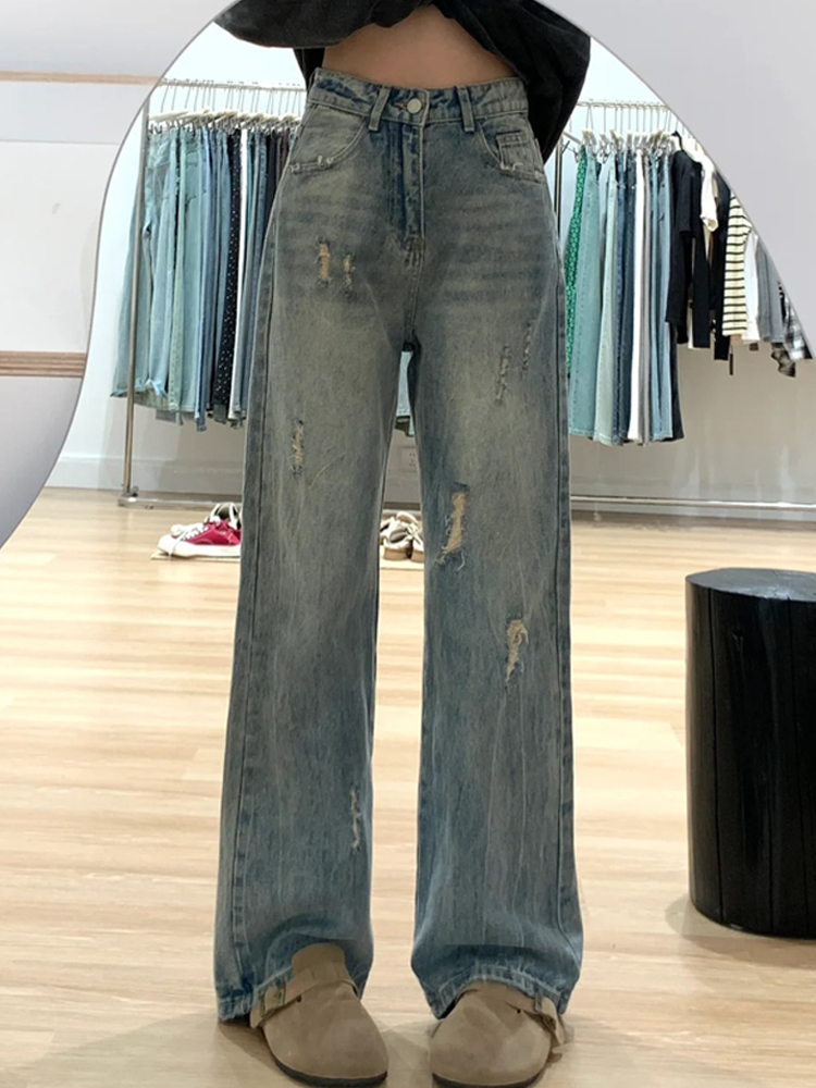 Plus-Size Women's Ripped Wide Leg Jeans for Pear-Shaped Bodies, Loose Straight Fit, Casual Y2K Style Plus-Size Women's Ripped Wide Leg Jeans for Pear-Shaped Bodies, Loose Straight Fit, Casual Y2K Style