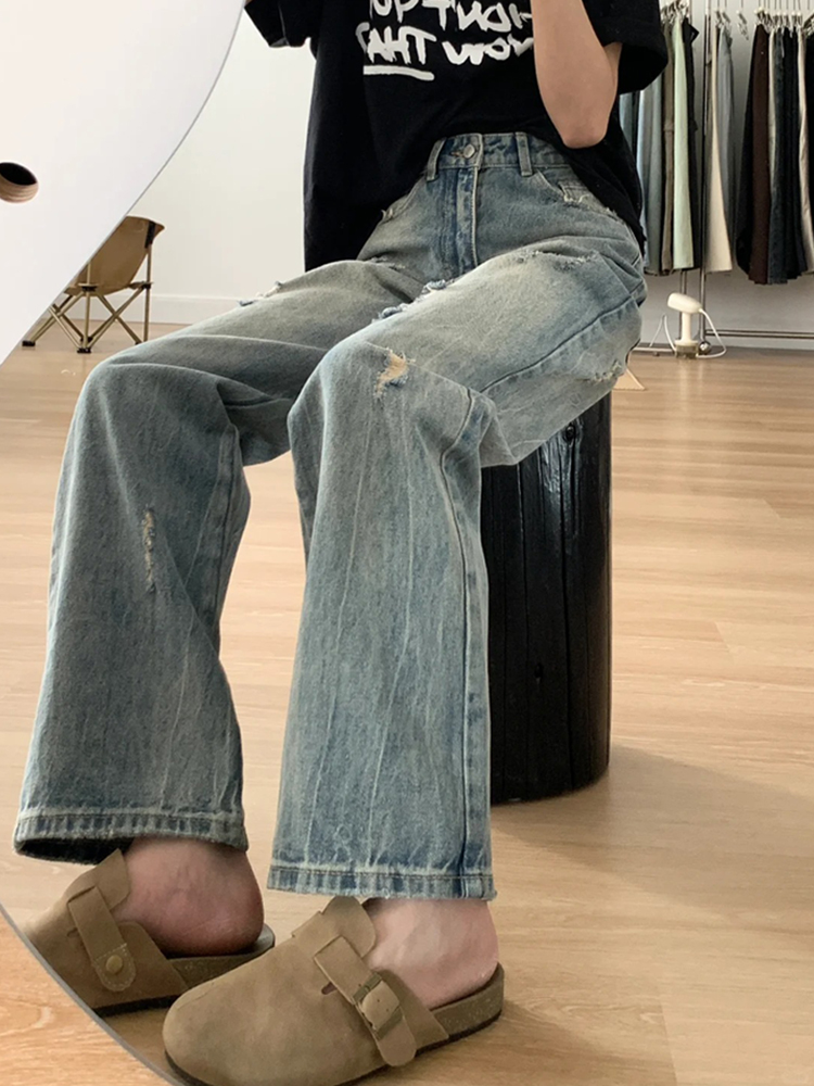 Plus-Size Women's Ripped Wide Leg Jeans for Pear-Shaped Bodies, Loose Straight Fit, Casual Y2K Style Plus-Size Women's Ripped Wide Leg Jeans for Pear-Shaped Bodies, Loose Straight Fit, Casual Y2K Style