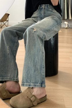 Plus-Size Women's Ripped Wide Leg Jeans for Pear-Shaped Bodies, Loose Straight Fit, Casual Y2K Style