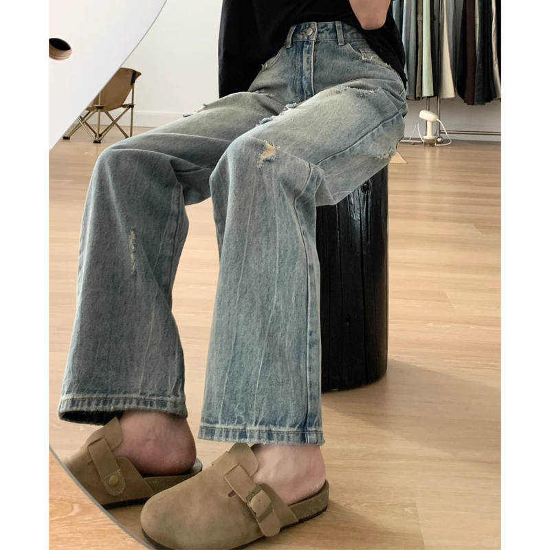 Plus-Size Women's Ripped Wide Leg Jeans for Pear-Shaped Bodies, Loose Straight Fit, Casual Y2K Style Plus-Size Women's Ripped Wide Leg Jeans for Pear-Shaped Bodies, Loose Straight Fit, Casual Y2K Style