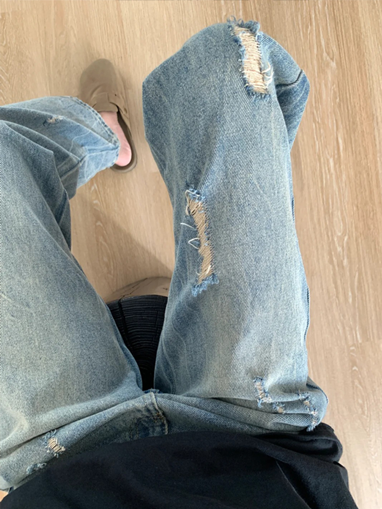 Plus-Size Women's Ripped Wide Leg Jeans for Pear-Shaped Bodies, Loose Straight Fit, Casual Y2K Style Plus-Size Women's Ripped Wide Leg Jeans for Pear-Shaped Bodies, Loose Straight Fit, Casual Y2K Style