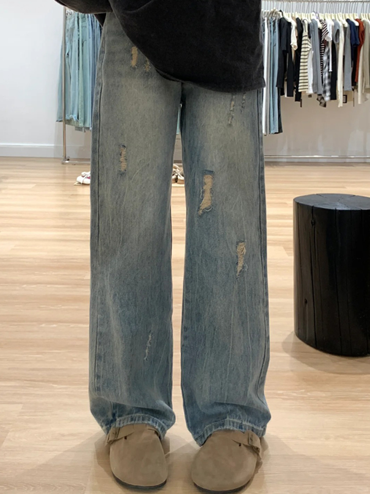 Plus-Size Women's Ripped Wide Leg Jeans for Pear-Shaped Bodies, Loose Straight Fit, Casual Y2K Style Plus-Size Women's Ripped Wide Leg Jeans for Pear-Shaped Bodies, Loose Straight Fit, Casual Y2K Style