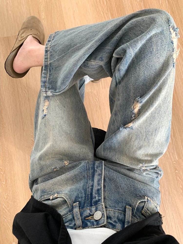 Plus-Size Women's Ripped Wide Leg Jeans for Pear-Shaped Bodies, Loose Straight Fit, Casual Y2K Style Plus-Size Women's Ripped Wide Leg Jeans for Pear-Shaped Bodies, Loose Straight Fit, Casual Y2K Style