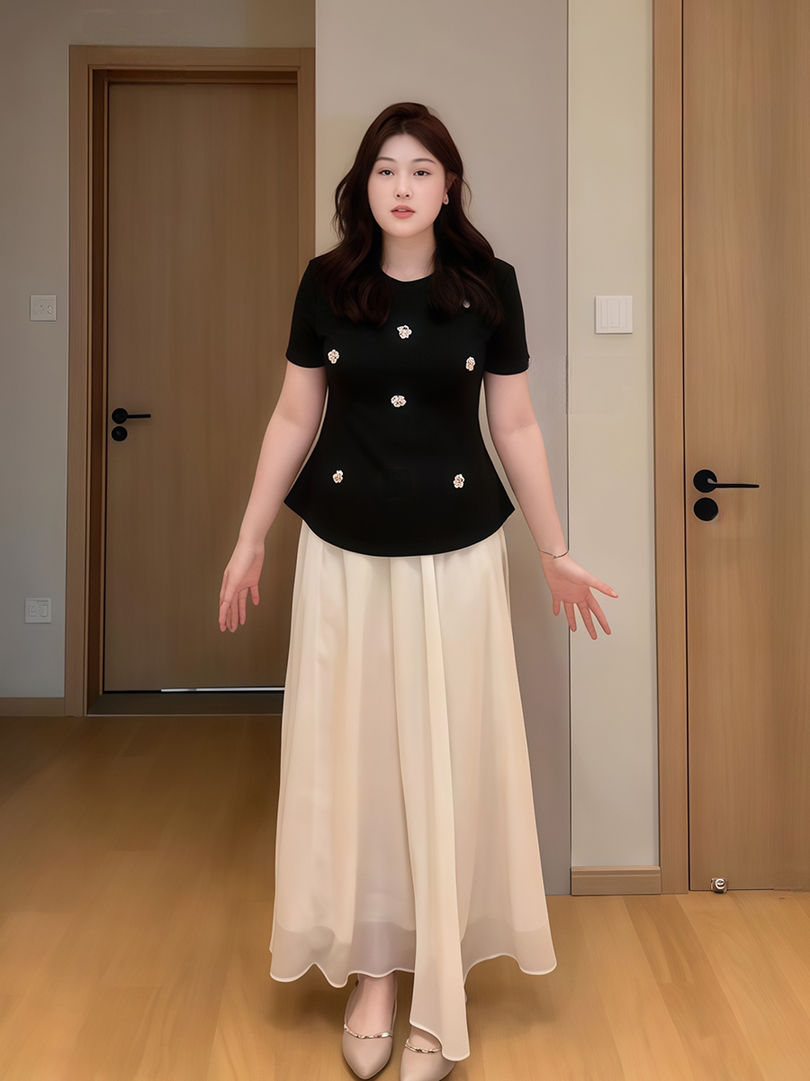 Plus-Size Women's Sequin Floral Short Sleeve Top - Summer Style for Curvy Figures, Perfect with a Slimming Skirt Set Plus-Size Women's Sequin Floral Short Sleeve Top - Summer Style for Curvy Figures, Perfect with a Slimming Skirt Set