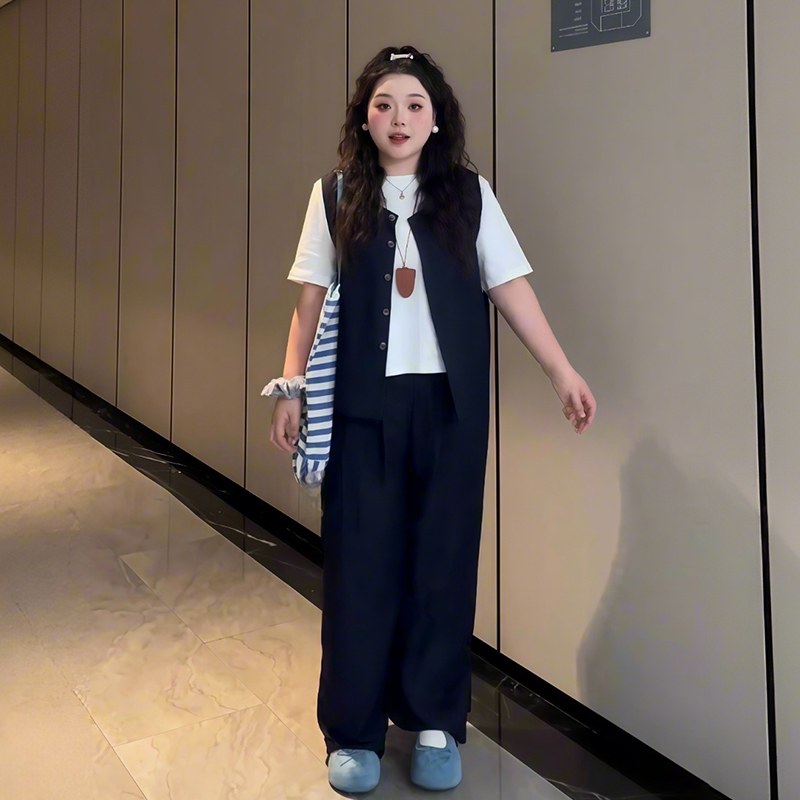 Plus-Size Women's Solid Color Short-Sleeve T-Shirt & Wide-Leg Pants Three-Piece Set - Versatile Summer Fashion Ensemble Plus-Size Women's Solid Color Short-Sleeve T-Shirt & Wide-Leg Pants Three-Piece Set - Versatile Summer Fashion Ensemble