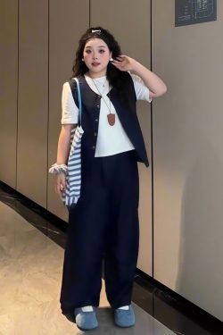 Plus-Size Women's Solid Color Short-Sleeve T-Shirt & Wide-Leg Pants Three-Piece Set - Versatile Summer Fashion Ensemble