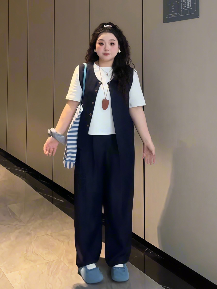 Plus-Size Women's Solid Color Short-Sleeve T-Shirt & Wide-Leg Pants Three-Piece Set - Versatile Summer Fashion Ensemble Plus-Size Women's Solid Color Short-Sleeve T-Shirt & Wide-Leg Pants Three-Piece Set - Versatile Summer Fashion Ensemble