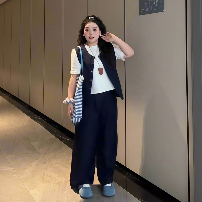 Plus-Size Women's Solid Color Short-Sleeve T-Shirt & Wide-Leg Pants Three-Piece Set - Versatile Summer Fashion Ensemble Plus-Size Women's Solid Color Short-Sleeve T-Shirt & Wide-Leg Pants Three-Piece Set - Versatile Summer Fashion Ensemble