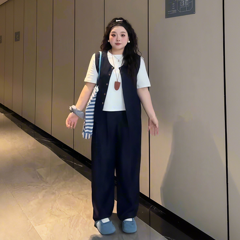 Plus-Size Women's Solid Color Short-Sleeve T-Shirt & Wide-Leg Pants Three-Piece Set - Versatile Summer Fashion Ensemble Plus-Size Women's Solid Color Short-Sleeve T-Shirt & Wide-Leg Pants Three-Piece Set - Versatile Summer Fashion Ensemble