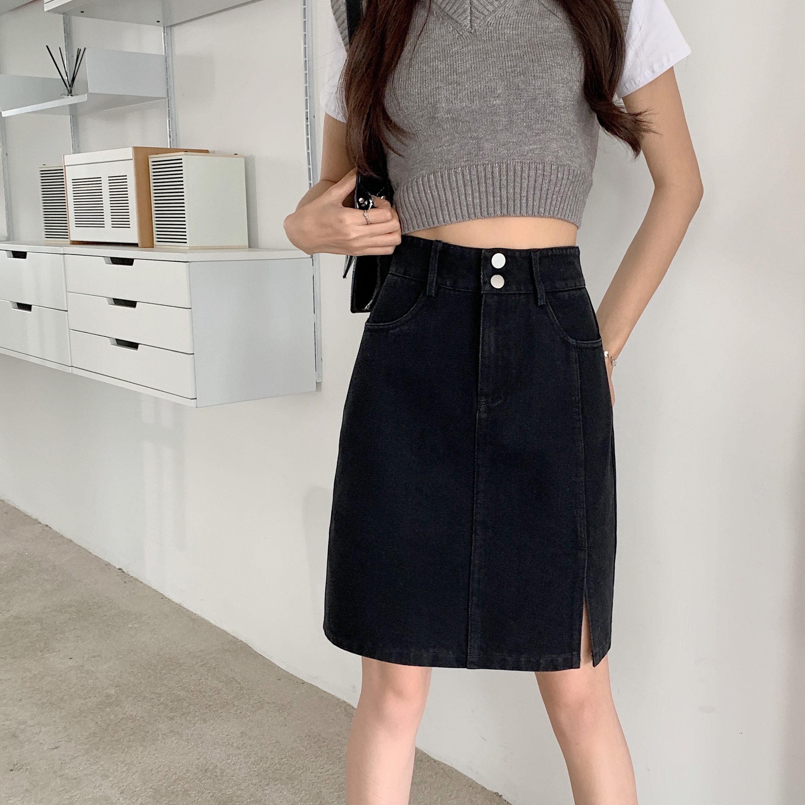 Plus Size Women's Summer Mid-Length High-Waisted A-Line Denim Skirt with Slimming Split - Korean Style Bodycon Fashion Plus Size Women's Summer Mid-Length High-Waisted A-Line Denim Skirt with Slimming Split - Korean Style Bodycon Fashion