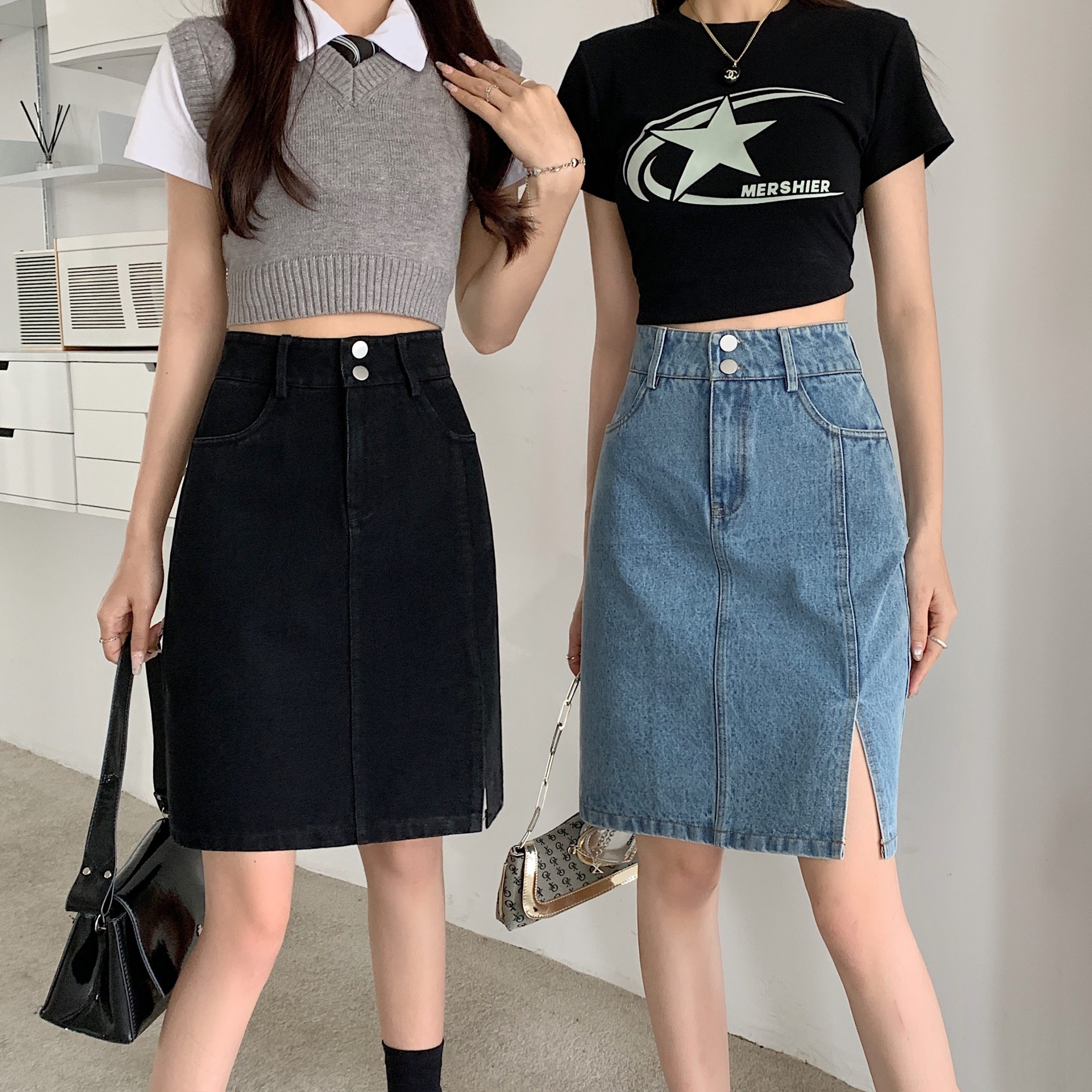 Plus Size Women's Summer Mid-Length High-Waisted A-Line Denim Skirt with Slimming Split - Korean Style Bodycon Fashion Plus Size Women's Summer Mid-Length High-Waisted A-Line Denim Skirt with Slimming Split - Korean Style Bodycon Fashion