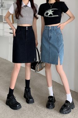 Plus Size Women's Summer Mid-Length High-Waisted A-Line Denim Skirt with Slimming Split - Korean Style Bodycon Fashion