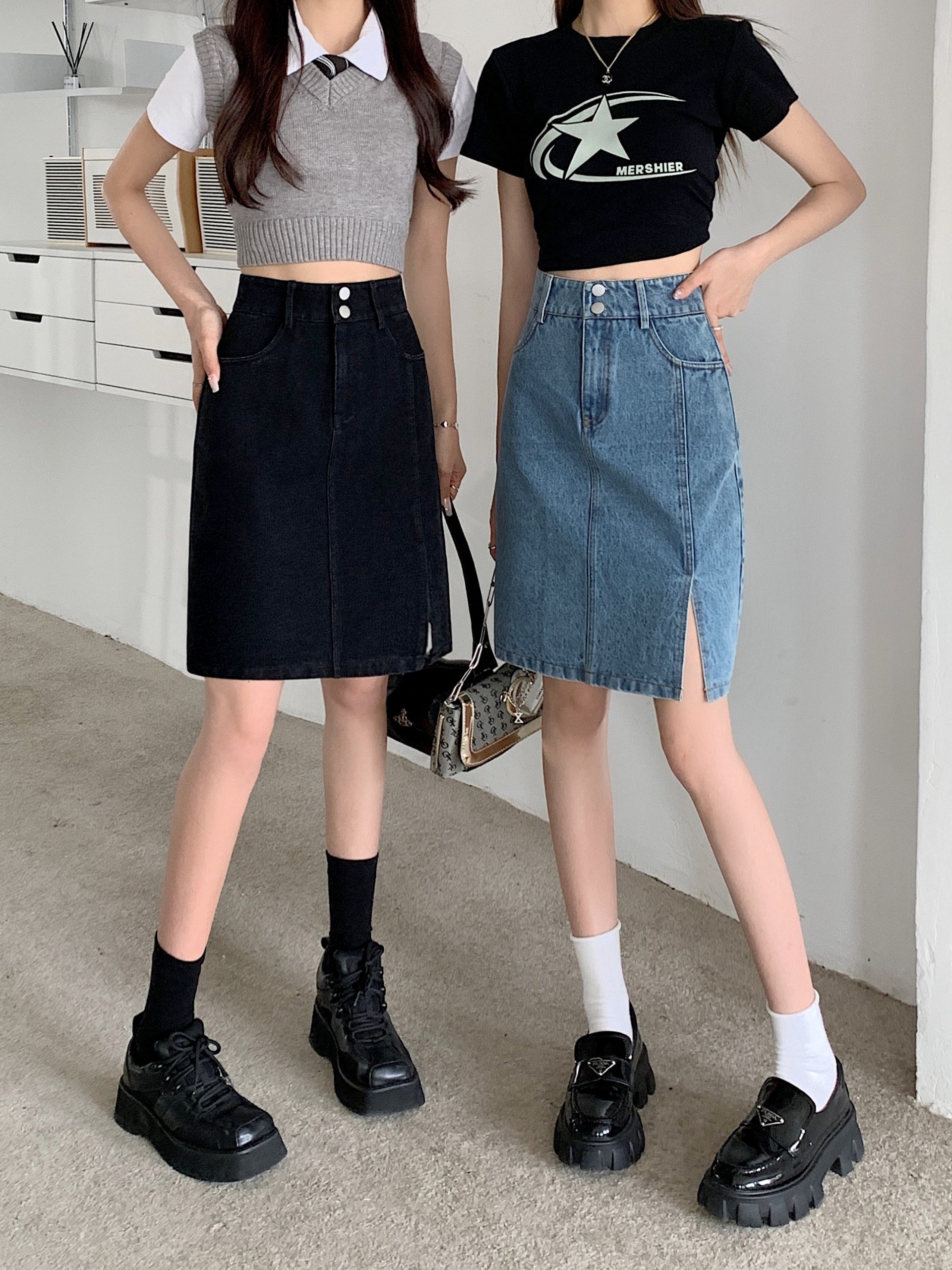 Plus Size Women's Summer Mid-Length High-Waisted A-Line Denim Skirt with Slimming Split - Korean Style Bodycon Fashion Plus Size Women's Summer Mid-Length High-Waisted A-Line Denim Skirt with Slimming Split - Korean Style Bodycon Fashion