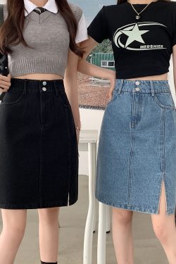 Plus Size Women's Summer Mid-Length High-Waisted A-Line Denim Skirt with Slimming Split - Korean Style Bodycon Fashion