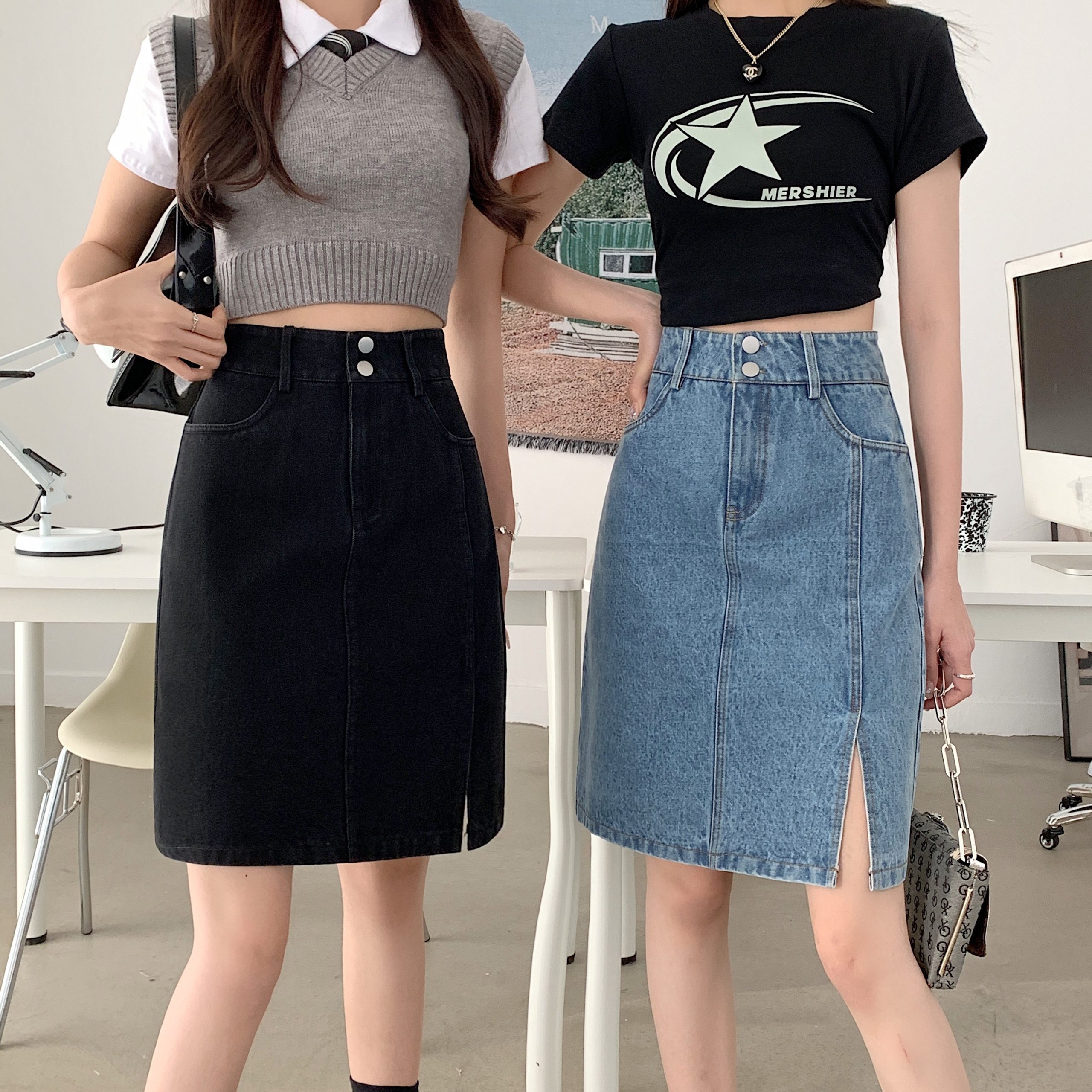 Plus Size Women's Summer Mid-Length High-Waisted A-Line Denim Skirt with Slimming Split - Korean Style Bodycon Fashion Plus Size Women's Summer Mid-Length High-Waisted A-Line Denim Skirt with Slimming Split - Korean Style Bodycon Fashion