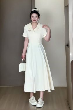 Plus-Size Women's Summer Polo Collar Short Sleeve A-Line Dress, Waist-Cinching Slimming Fit, College Style, Trendy and Elegant Look