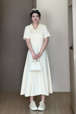 Plus-Size Women's Summer Polo Collar Short Sleeve A-Line Dress, Waist-Cinching Slimming Fit, College Style, Trendy and Elegant Look