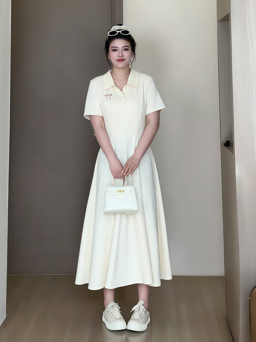 Plus-Size Women's Summer Polo Collar Short Sleeve A-Line Dress, Waist-Cinching Slimming Fit, College Style, Trendy and Elegant Look Plus-Size Women's Summer Polo Collar Short Sleeve A-Line Dress, Waist-Cinching Slimming Fit, College Style, Trendy and Elegant Look