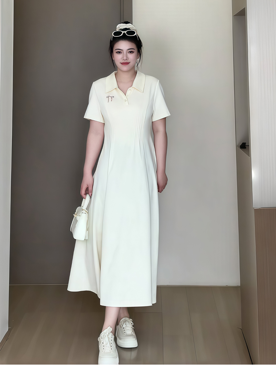 Plus-Size Women's Summer Polo Collar Short Sleeve A-Line Dress, Waist-Cinching Slimming Fit, College Style, Trendy and Elegant Look Plus-Size Women's Summer Polo Collar Short Sleeve A-Line Dress, Waist-Cinching Slimming Fit, College Style, Trendy and Elegant Look