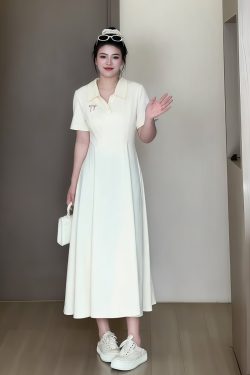 Plus-Size Women's Summer Polo Collar Short Sleeve A-Line Dress, Waist-Cinching Slimming Fit, College Style, Trendy and Elegant Look