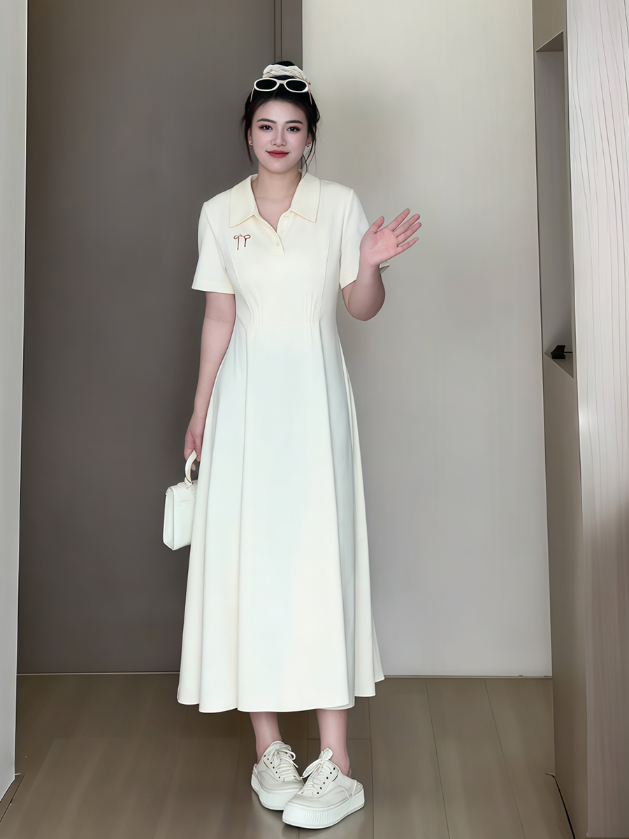 Plus-Size Women's Summer Polo Collar Short Sleeve A-Line Dress, Waist-Cinching Slimming Fit, College Style, Trendy and Elegant Look Plus-Size Women's Summer Polo Collar Short Sleeve A-Line Dress, Waist-Cinching Slimming Fit, College Style, Trendy and Elegant Look