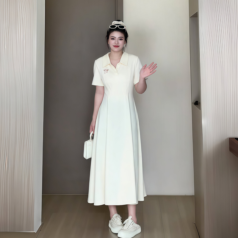 Plus-Size Women's Summer Polo Collar Short Sleeve A-Line Dress, Waist-Cinching Slimming Fit, College Style, Trendy and Elegant Look Plus-Size Women's Summer Polo Collar Short Sleeve A-Line Dress, Waist-Cinching Slimming Fit, College Style, Trendy and Elegant Look