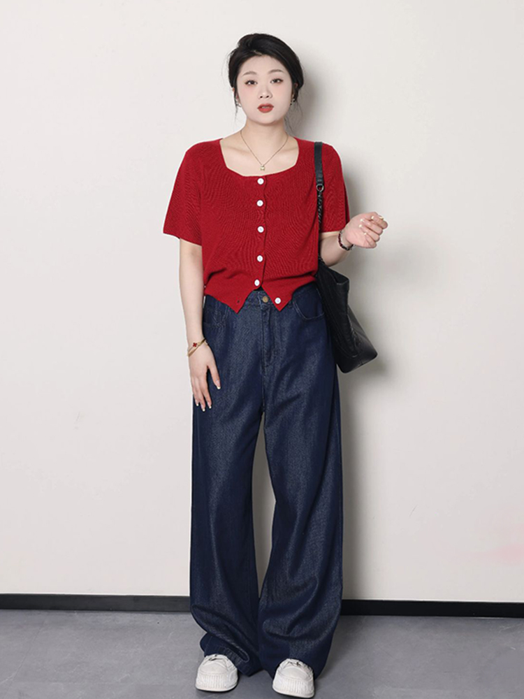 Plus Size Women's Summer Short Sleeve Ice Silk Knitted Top - Flattering Square Neck French Style Blouse for Curvy Figures Plus Size Women's Summer Short Sleeve Ice Silk Knitted Top - Flattering Square Neck French Style Blouse for Curvy Figures