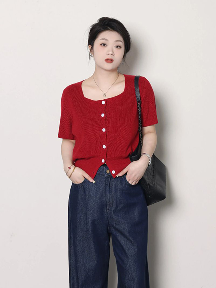 Plus Size Women's Summer Short Sleeve Ice Silk Knitted Top - Flattering Square Neck French Style Blouse for Curvy Figures Plus Size Women's Summer Short Sleeve Ice Silk Knitted Top - Flattering Square Neck French Style Blouse for Curvy Figures