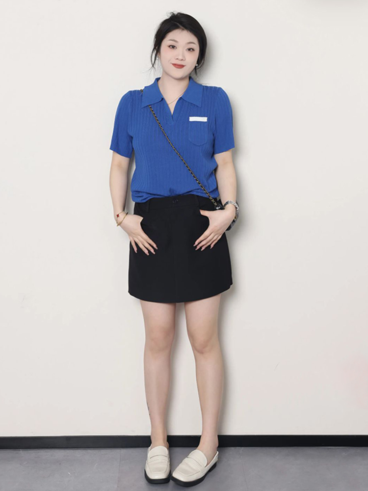 Plus Size Women's Summer Short Sleeve Ice Silk Polo Knitted Top, Slimming Design, Belly Covering, Lightweight Casual Wear Plus Size Women's Summer Short Sleeve Ice Silk Polo Knitted Top, Slimming Design, Belly Covering, Lightweight Casual Wear