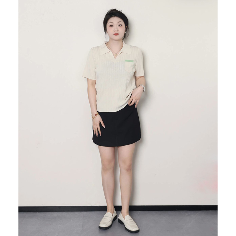 Plus Size Women's Summer Short Sleeve Ice Silk Polo Knitted Top, Slimming Design, Belly Covering, Lightweight Casual Wear Plus Size Women's Summer Short Sleeve Ice Silk Polo Knitted Top, Slimming Design, Belly Covering, Lightweight Casual Wear