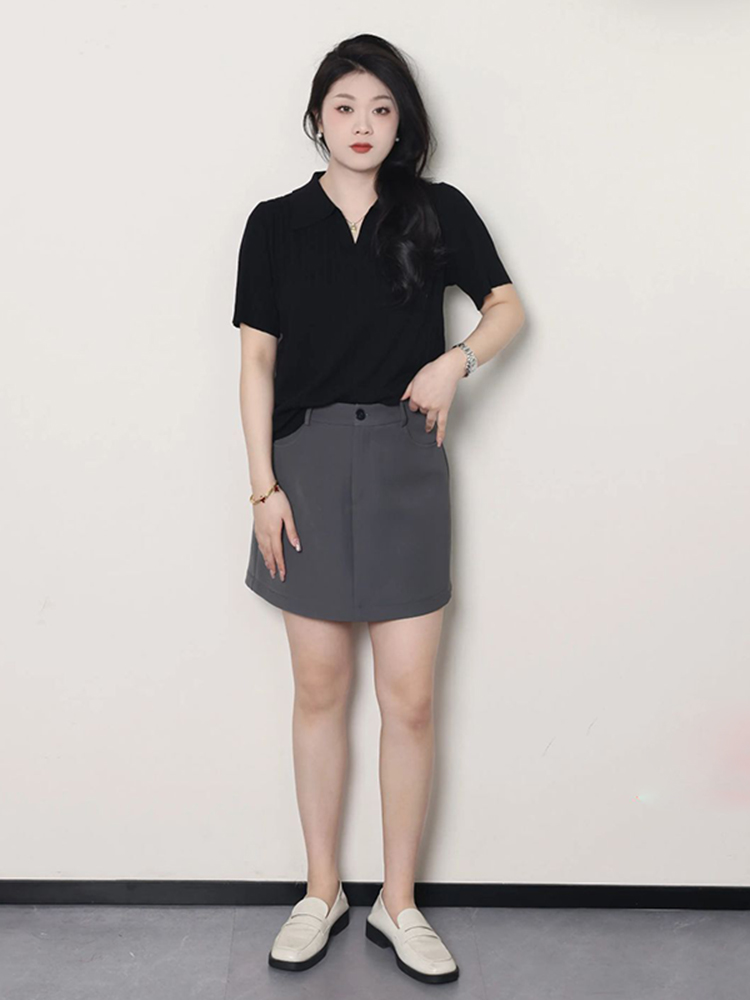 Plus Size Women's Summer Short Sleeve Ice Silk Polo Knitted Top, Slimming Design, Belly Covering, Lightweight Casual Wear Plus Size Women's Summer Short Sleeve Ice Silk Polo Knitted Top, Slimming Design, Belly Covering, Lightweight Casual Wear