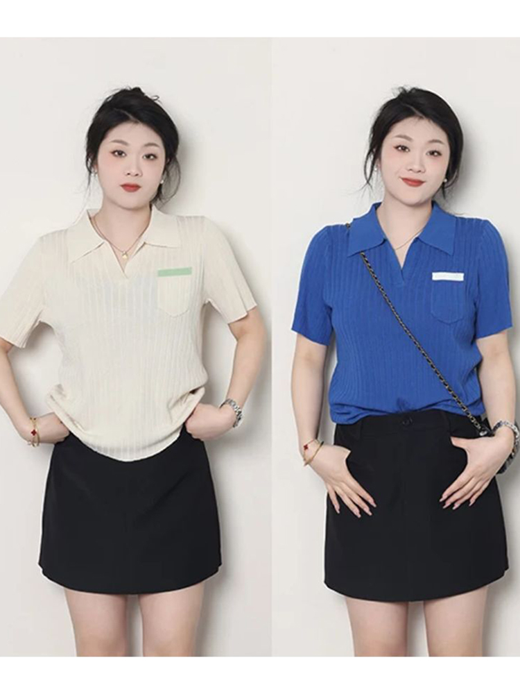 Plus Size Women's Summer Short Sleeve Ice Silk Polo Knitted Top, Slimming Design, Belly Covering, Lightweight Casual Wear Plus Size Women's Summer Short Sleeve Ice Silk Polo Knitted Top, Slimming Design, Belly Covering, Lightweight Casual Wear