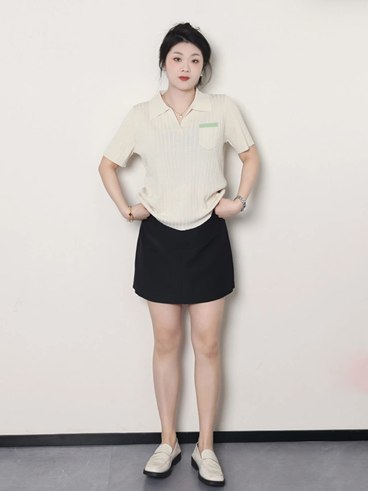 Plus Size Women's Summer Short Sleeve Ice Silk Polo Knitted Top, Slimming Design, Belly Covering, Lightweight Casual Wear Plus Size Women's Summer Short Sleeve Ice Silk Polo Knitted Top, Slimming Design, Belly Covering, Lightweight Casual Wear