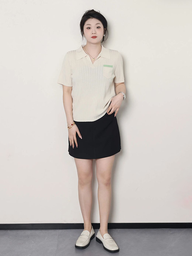 Plus Size Women's Summer Short Sleeve Ice Silk Polo Knitted Top, Slimming Design, Belly Covering, Lightweight Casual Wear Plus Size Women's Summer Short Sleeve Ice Silk Polo Knitted Top, Slimming Design, Belly Covering, Lightweight Casual Wear
