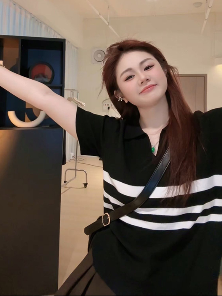 Plus Size Women's Summer Short Sleeve Striped Polo Collar Knitted Top - Slimming & Youthful Design for a Chic Look Plus Size Women's Summer Short Sleeve Striped Polo Collar Knitted Top - Slimming & Youthful Design for a Chic Look