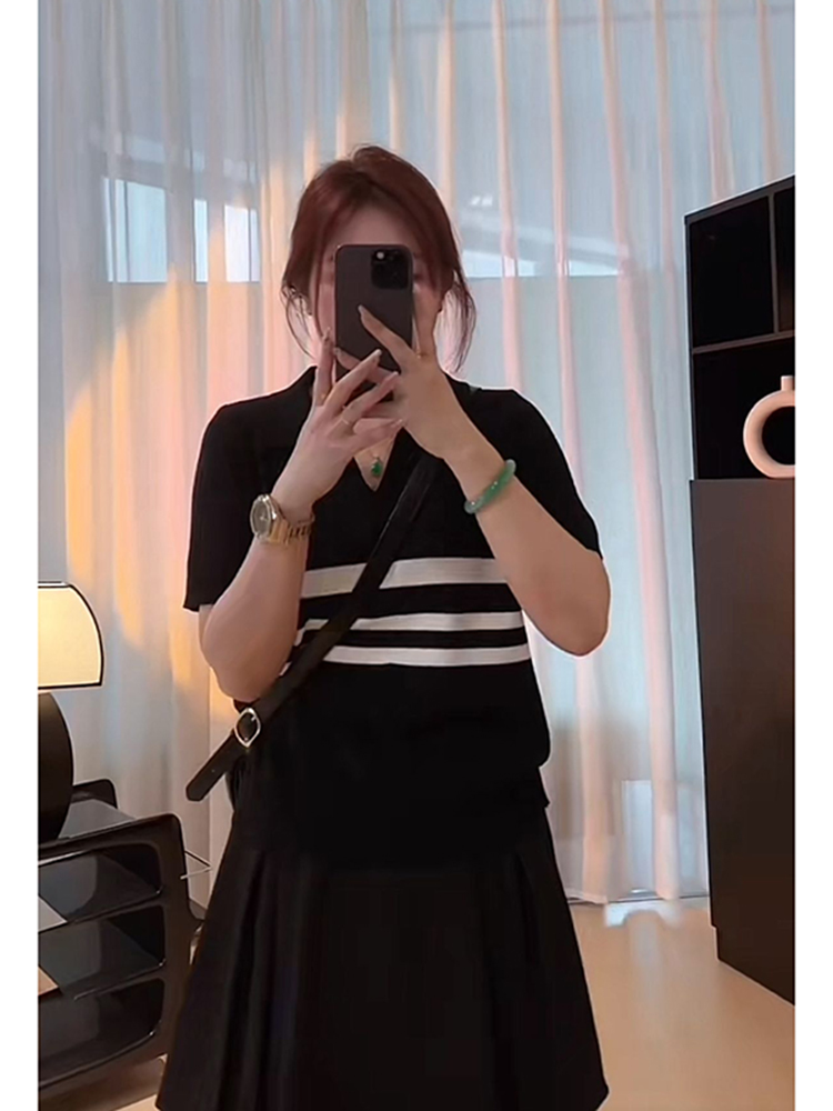Plus Size Women's Summer Short Sleeve Striped Polo Collar Knitted Top - Slimming & Youthful Design for a Chic Look Plus Size Women's Summer Short Sleeve Striped Polo Collar Knitted Top - Slimming & Youthful Design for a Chic Look