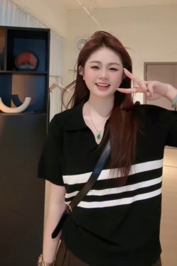 Plus Size Women's Summer Short Sleeve Striped Polo Collar Knitted Top - Slimming & Youthful Design for a Chic Look