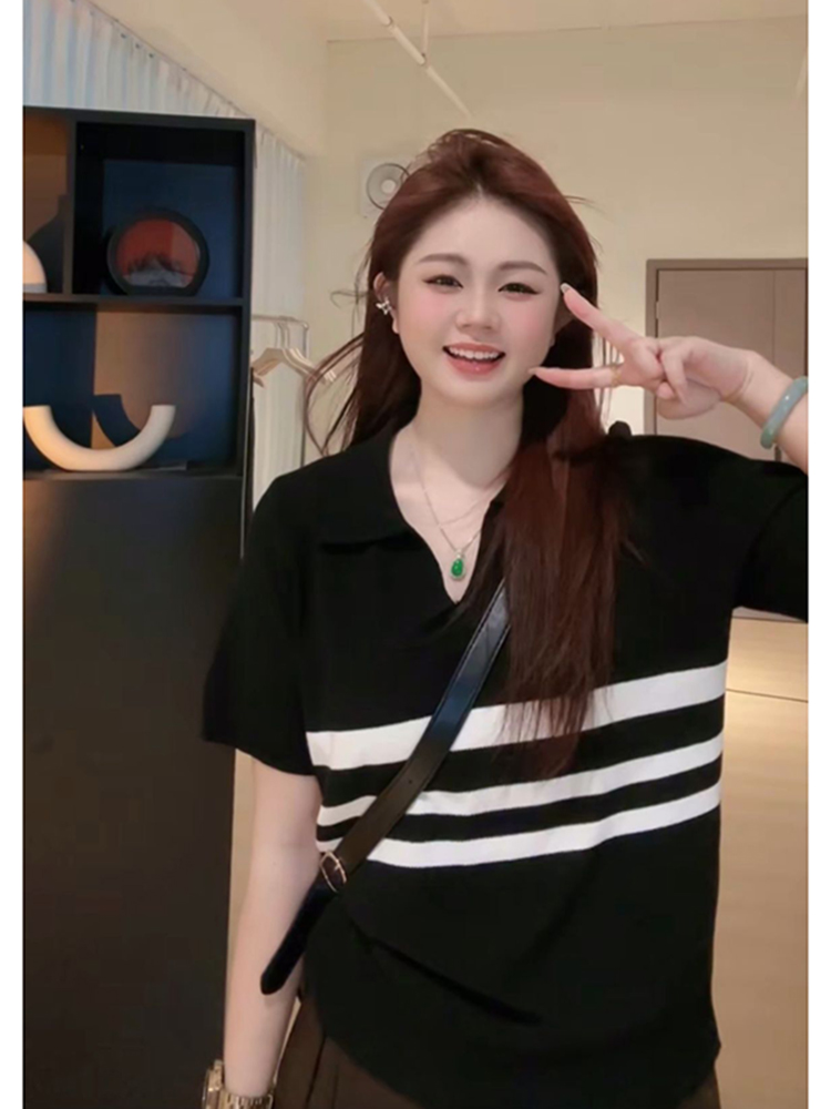 Plus Size Women's Summer Short Sleeve Striped Polo Collar Knitted Top - Slimming & Youthful Design for a Chic Look Plus Size Women's Summer Short Sleeve Striped Polo Collar Knitted Top - Slimming & Youthful Design for a Chic Look