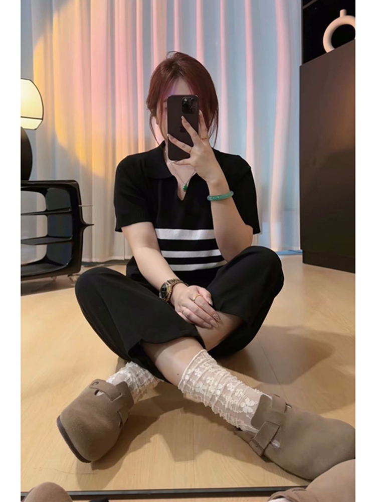 Plus Size Women's Summer Short Sleeve Striped Polo Collar Knitted Top - Slimming & Youthful Design for a Chic Look Plus Size Women's Summer Short Sleeve Striped Polo Collar Knitted Top - Slimming & Youthful Design for a Chic Look