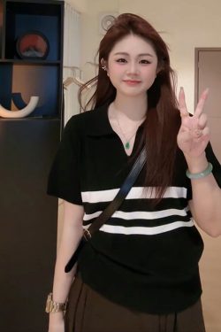 Plus Size Women's Summer Short Sleeve Striped Polo Collar Knitted Top - Slimming & Youthful Design for a Chic Look