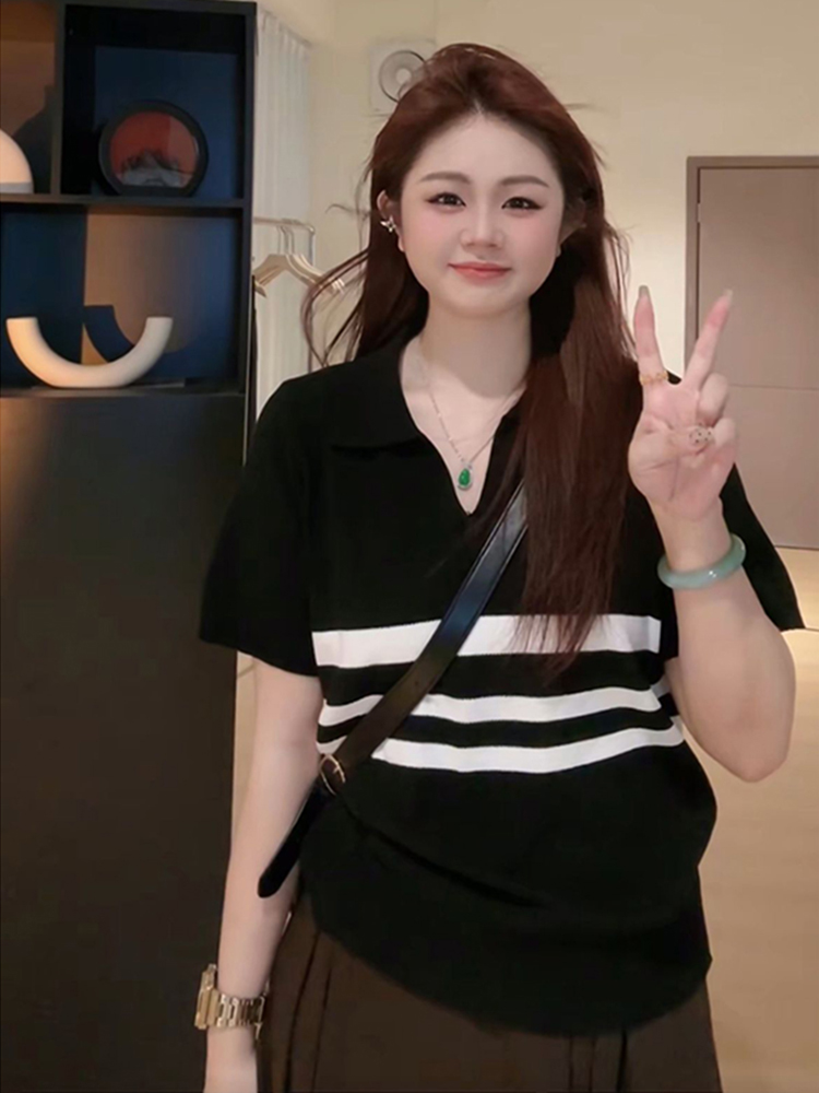 Plus Size Women's Summer Short Sleeve Striped Polo Collar Knitted Top - Slimming & Youthful Design for a Chic Look Plus Size Women's Summer Short Sleeve Striped Polo Collar Knitted Top - Slimming & Youthful Design for a Chic Look