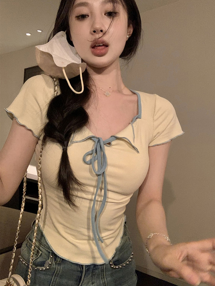 Plus Size Women's Summer Short Sleeve T-Shirt – Spicy Slim Fit Tummy-Covering Tie Top for a Trendy Look Plus Size Women's Summer Short Sleeve T-Shirt – Spicy Slim Fit Tummy-Covering Tie Top for a Trendy Look