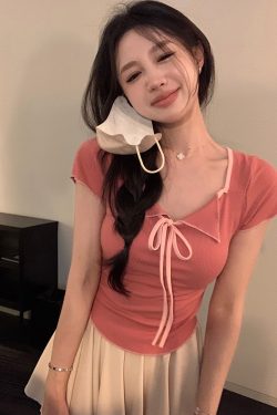 Plus Size Women's Summer Short Sleeve T-Shirt – Spicy Slim Fit Tummy-Covering Tie Top for a Trendy Look