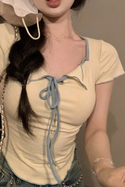 Plus Size Women's Summer Short Sleeve T-Shirt – Spicy Slim Fit Tummy-Covering Tie Top for a Trendy Look