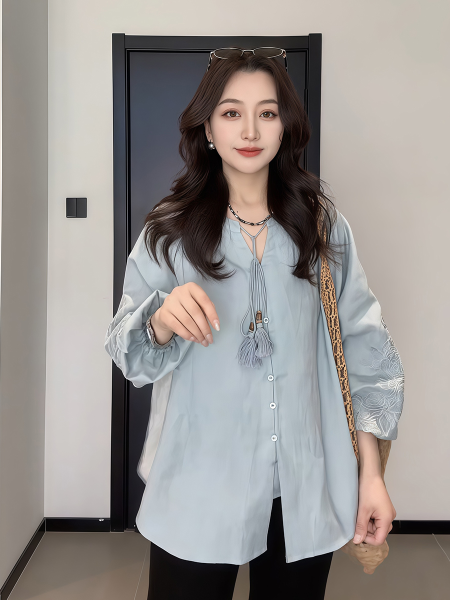 Plus-Size Women's Vintage Embroidered V-Neck Shirt - Loose, Flattering Summer Top for Curvy Figures - Versatile French Style Plus-Size Women's Vintage Embroidered V-Neck Shirt - Loose, Flattering Summer Top for Curvy Figures - Versatile French Style