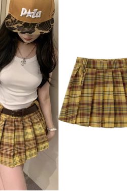 Plus Size Yellow Plaid Midi Skirt for Women - American Retro College Style High Waist Pleated A-Line Short Skirt Summer Fashion