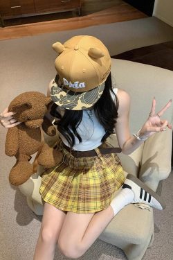 Plus Size Yellow Plaid Midi Skirt for Women - American Retro College Style High Waist Pleated A-Line Short Skirt Summer Fashion