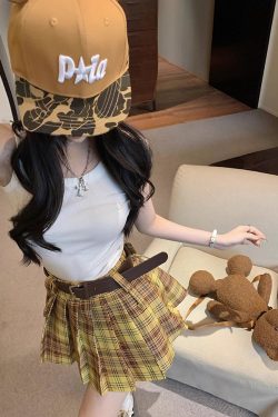 Plus Size Yellow Plaid Midi Skirt for Women - American Retro College Style High Waist Pleated A-Line Short Skirt Summer Fashion