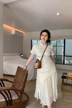 Plus-Size Zen-Inspired Body-Shaping Dress, Elegant Irregular White Design, Chinese Style, Trendy for Y2K and Modern Fashion